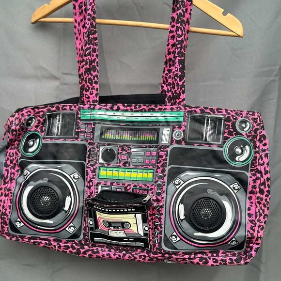 Vintage 80’s Pink Leopard Boombox Tote bag, working speaker, bag only - Picture 3 of 13